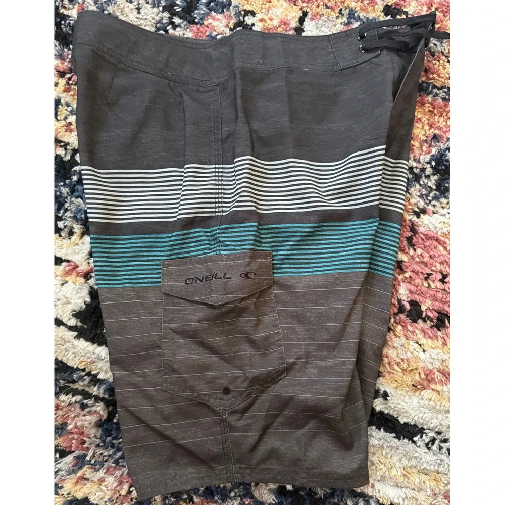 ONeill Santa Cruz Printed 2.0 Board Shorts Mens 33 Charcoal Teal Striped New